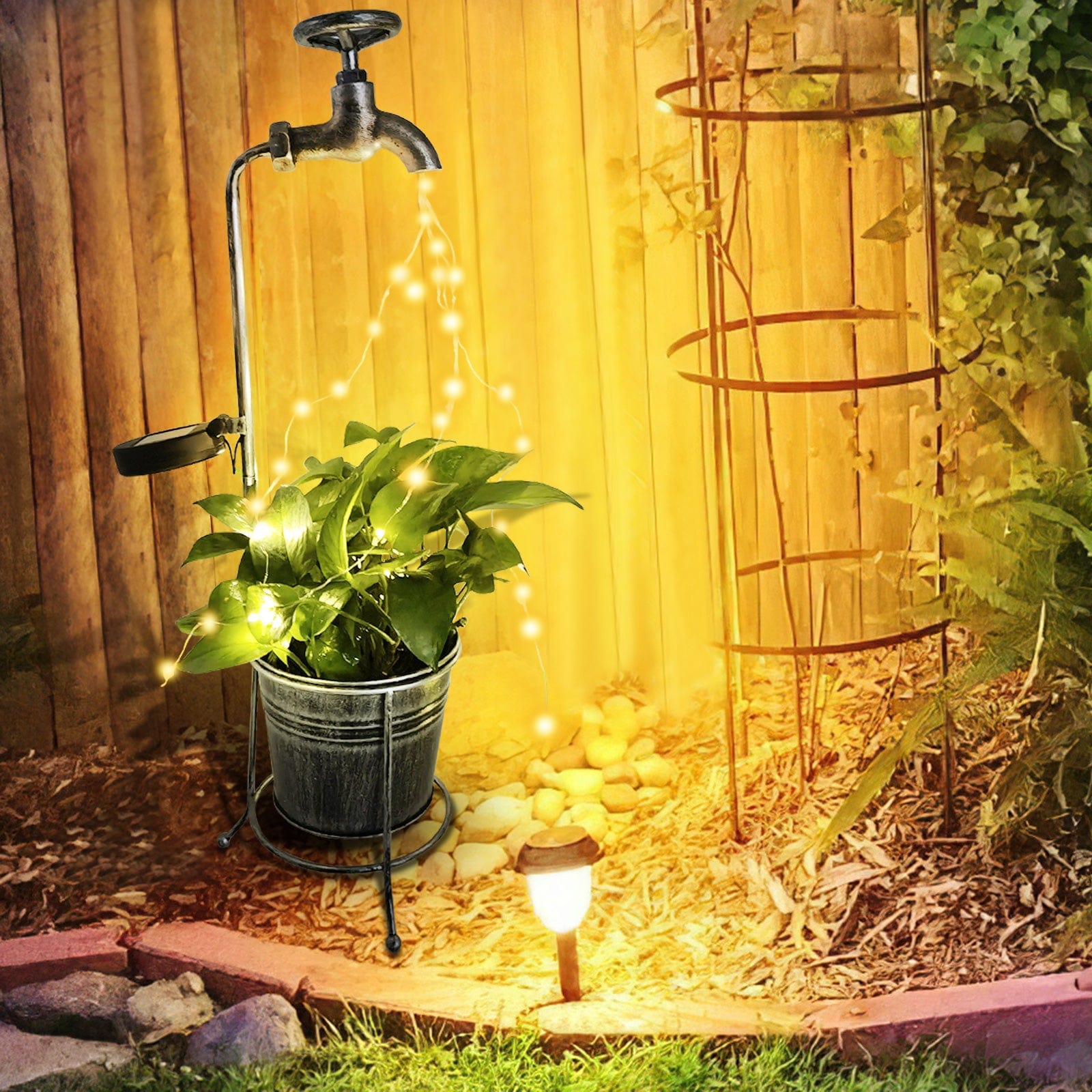 Lampe LED Solaire Créative "Robinet Magique & Pot de Fleurs"